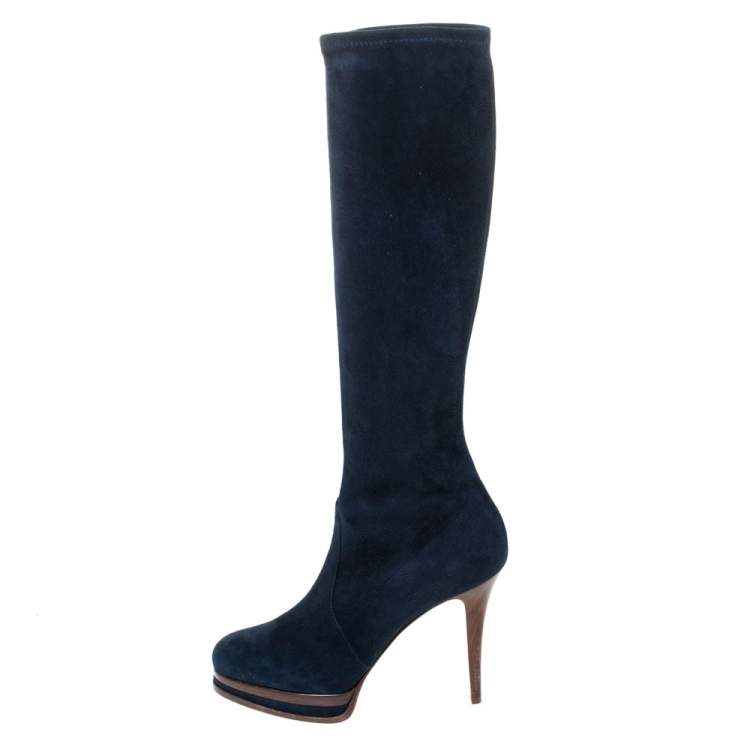 Pre Owned Casadei Blue Suede Knee High Platform Slip On Boots Size 38.5