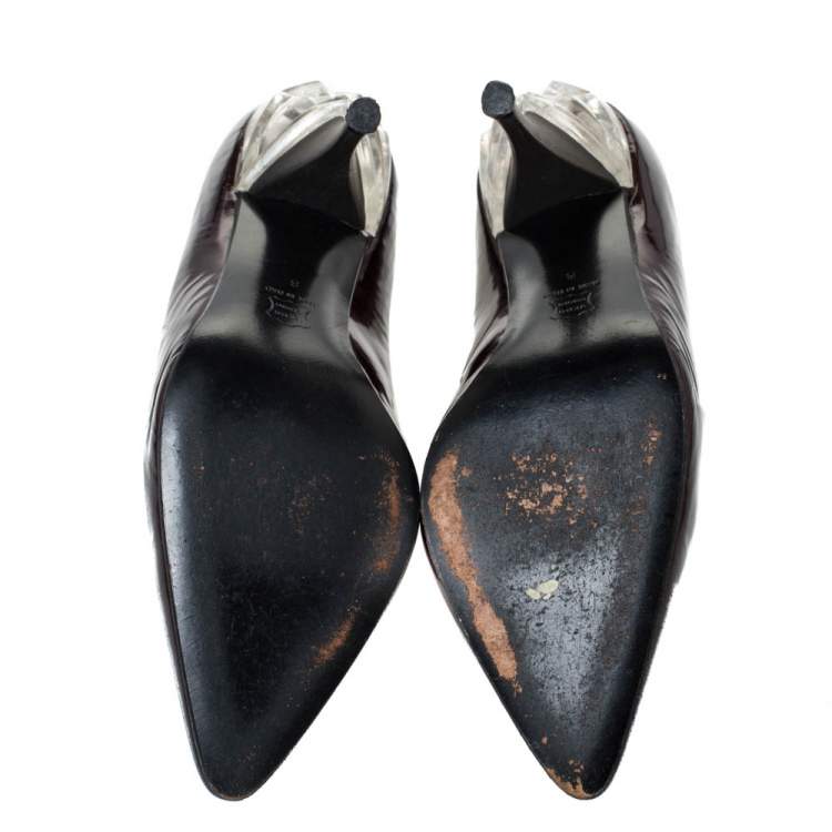 Pre Owned Casadei Burgundy Patent Leather Pointed Toe Embellished Heel Pumps Size 38