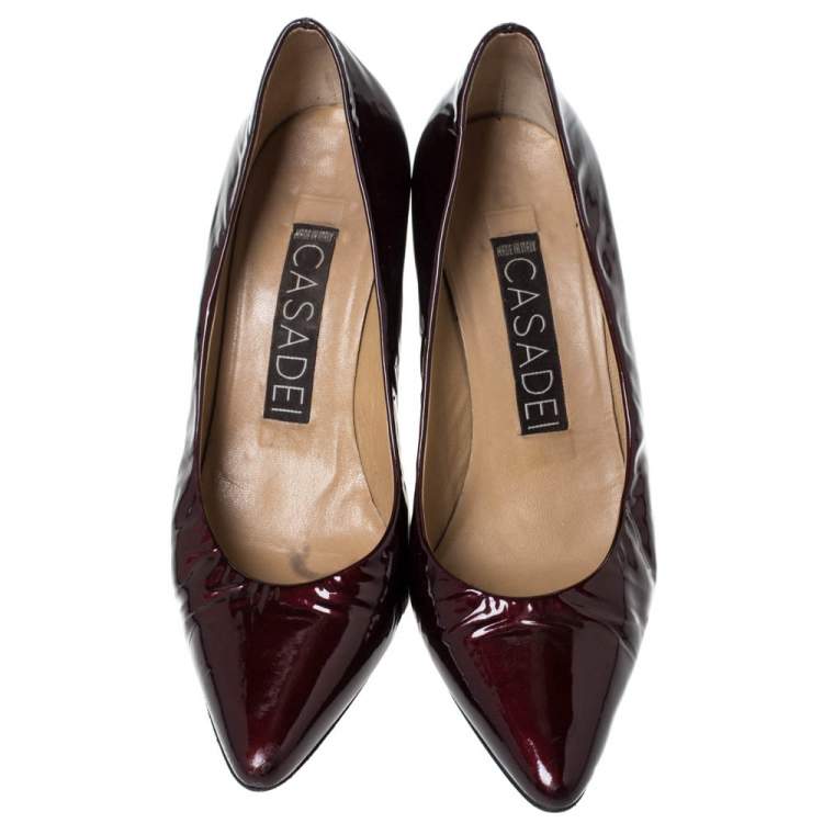 Pre Owned Casadei Burgundy Patent Leather Pointed Toe Embellished Heel Pumps Size 38