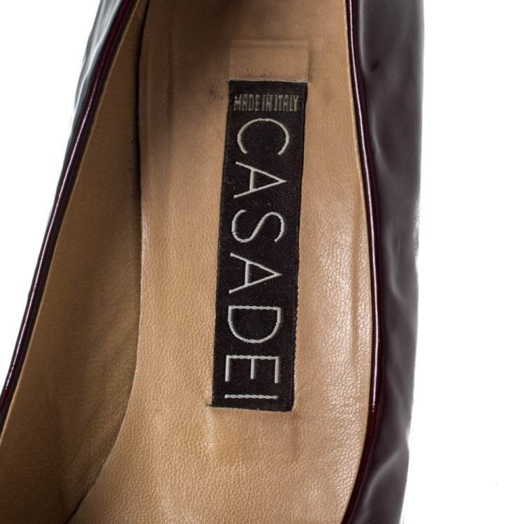 Pre Owned Casadei Burgundy Patent Leather Pointed Toe Embellished Heel Pumps Size 38