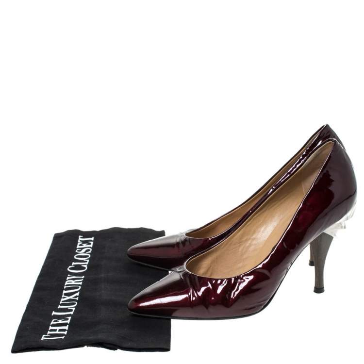 Pre Owned Casadei Burgundy Patent Leather Pointed Toe Embellished Heel Pumps Size 38