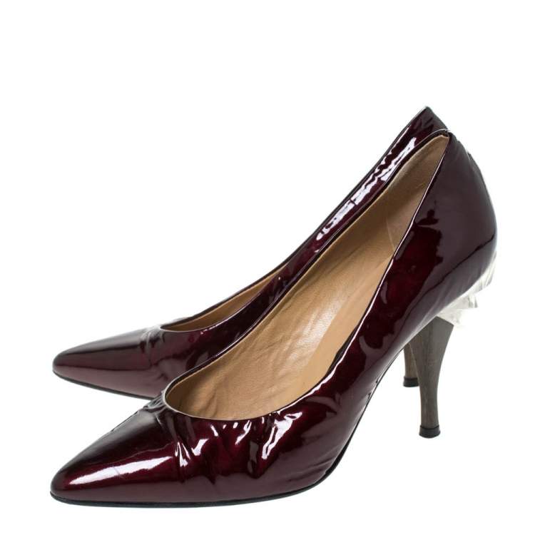 Pre Owned Casadei Burgundy Patent Leather Pointed Toe Embellished Heel Pumps Size 38