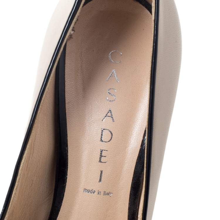Pre Owned Casadei Black/Cream Patent And Leather Bow Platform Pumps Size 38 