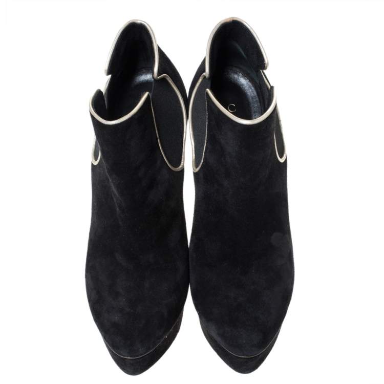 Pre Owned Casadei Black Suede Platform Slip On Booties Size 38