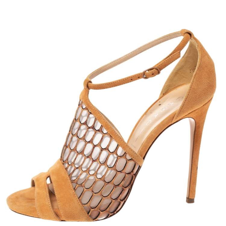 Pre Owned Casadei Light Ochre Mesh And Suede Honeycomb Pattern Ankle Strap Sandals Size 38