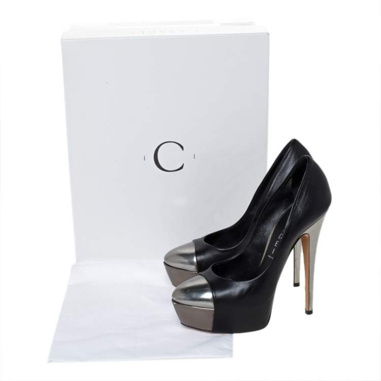 Pre Owned Casadei Black/Grey Leather Cap Toe Platform Pumps Size 36