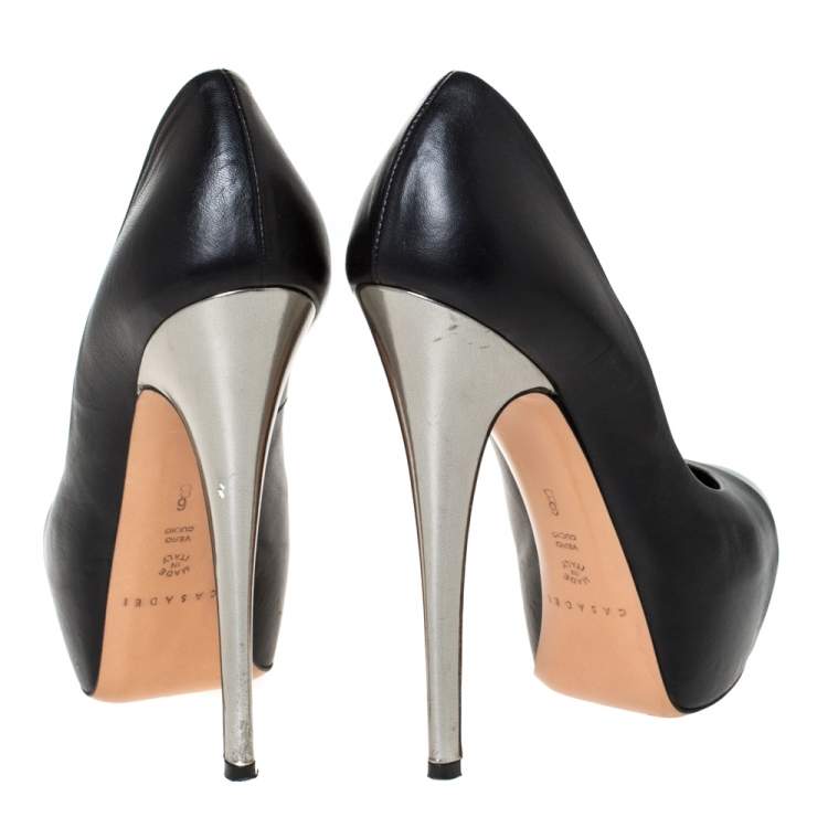 Pre Owned Casadei Black/Grey Leather Cap Toe Platform Pumps Size 36