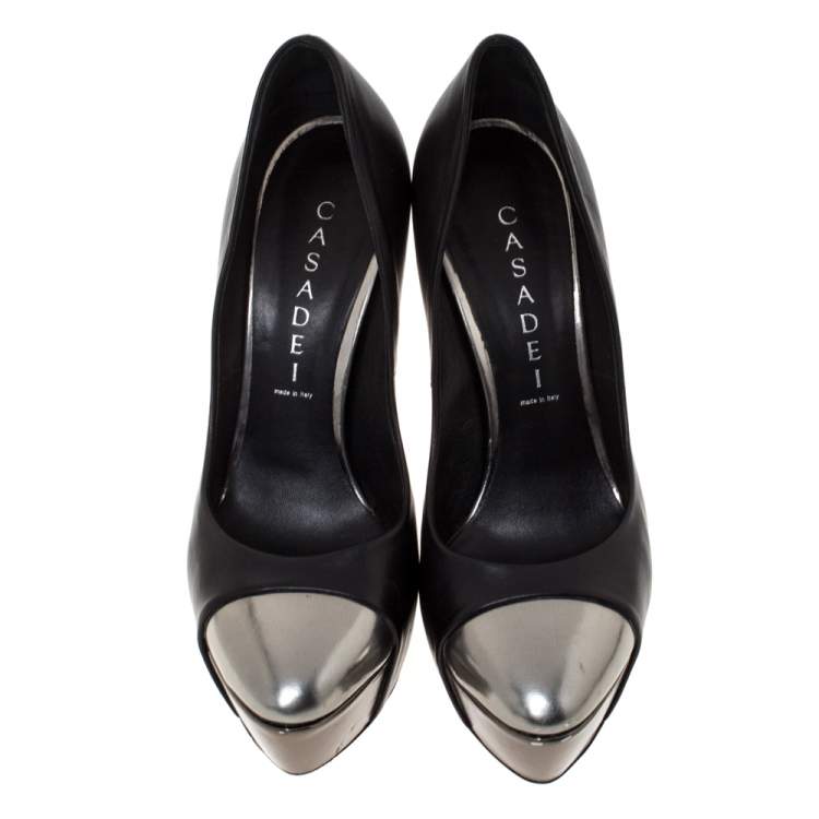 Pre Owned Casadei Black/Grey Leather Cap Toe Platform Pumps Size 36