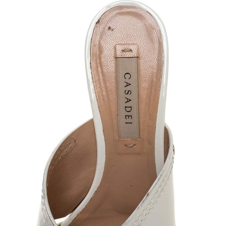Pre Owned Casadei White Criss Cross Patent Leather Cork Wedge Sandals Size 35 