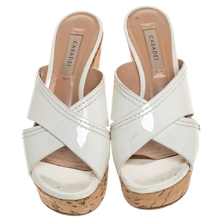 Pre Owned Casadei White Criss Cross Patent Leather Cork Wedge Sandals Size 35 