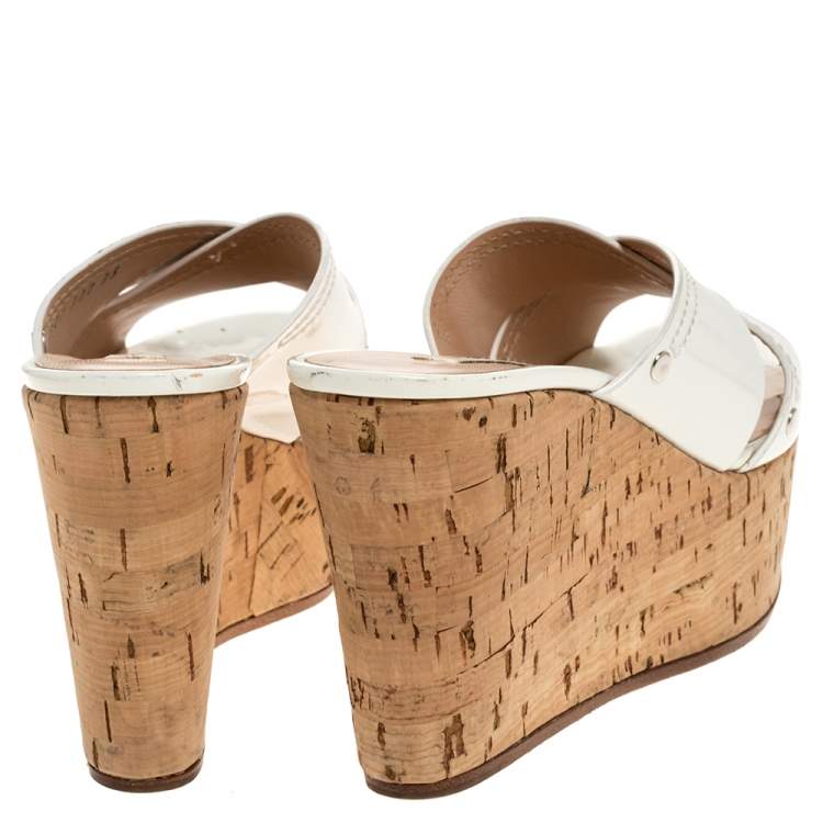 Pre Owned Casadei White Criss Cross Patent Leather Cork Wedge Sandals Size 35 
