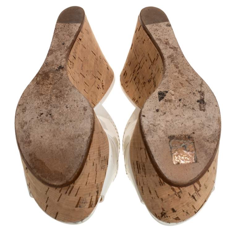 Pre Owned Casadei White Criss Cross Patent Leather Cork Wedge Sandals Size 35 