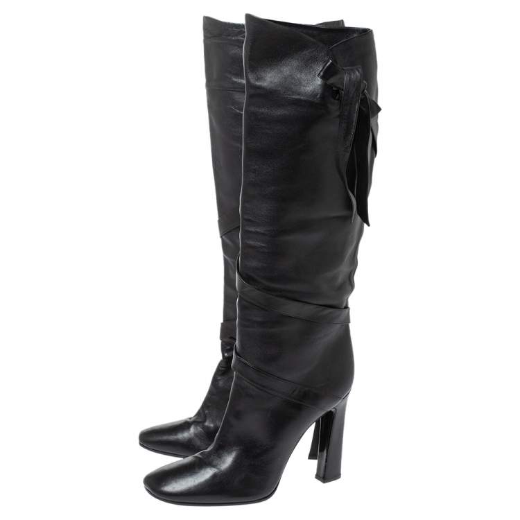 مملوكة مسبقًا Casadei Black Leather Wrap Strap Knee High Boots Size 40