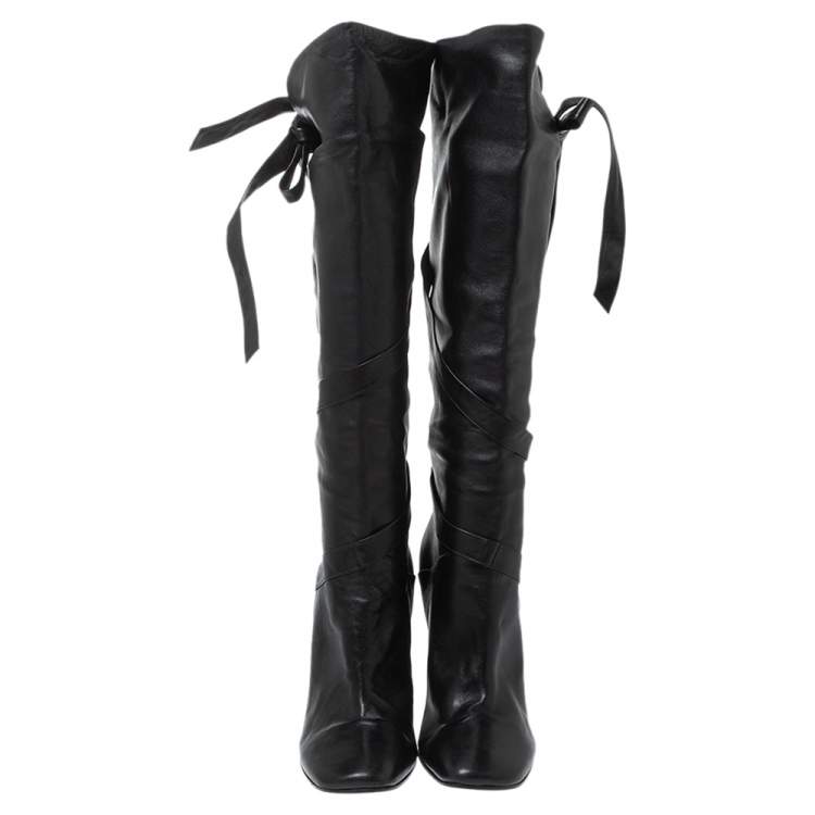 مملوكة مسبقًا Casadei Black Leather Wrap Strap Knee High Boots Size 40