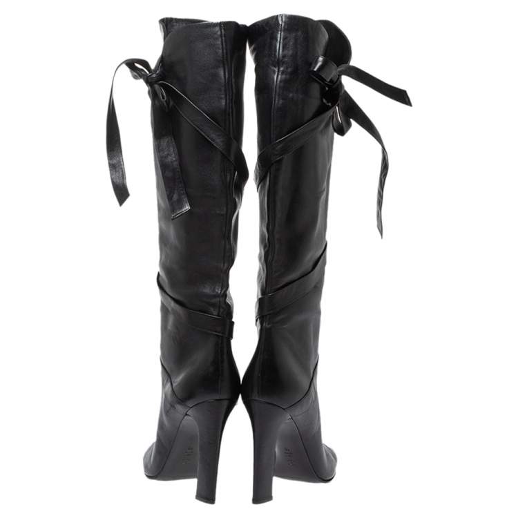 مملوكة مسبقًا Casadei Black Leather Wrap Strap Knee High Boots Size 40