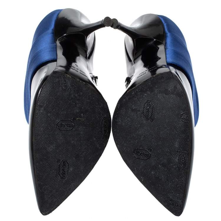 Pre Owned Casadei Black/Blue Pleated Satin and Patent Leather Ankle Booties Size 35