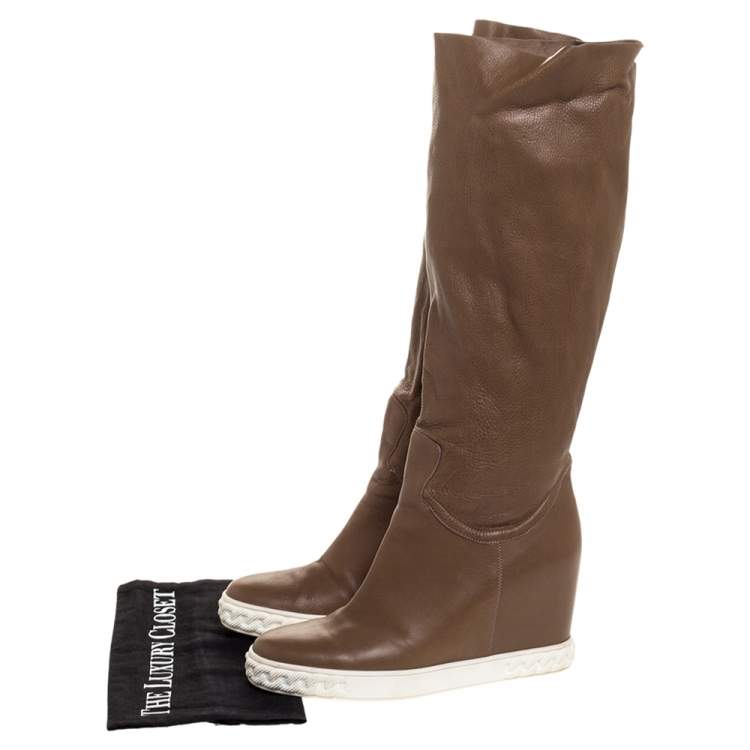 Pre Owned Casadei Brown Leather Chain Motif Knee Boots Size 39