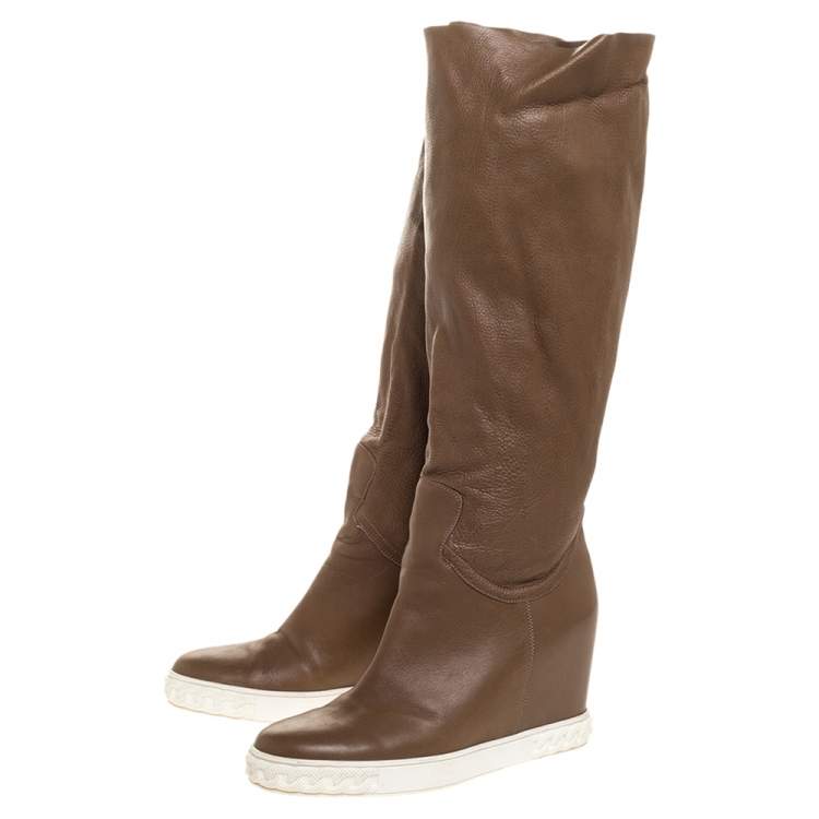 Pre Owned Casadei Brown Leather Chain Motif Knee Boots Size 39