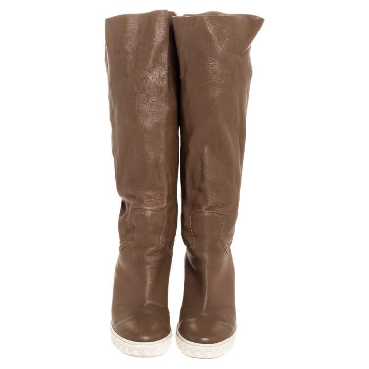 Pre Owned Casadei Brown Leather Chain Motif Knee Boots Size 39
