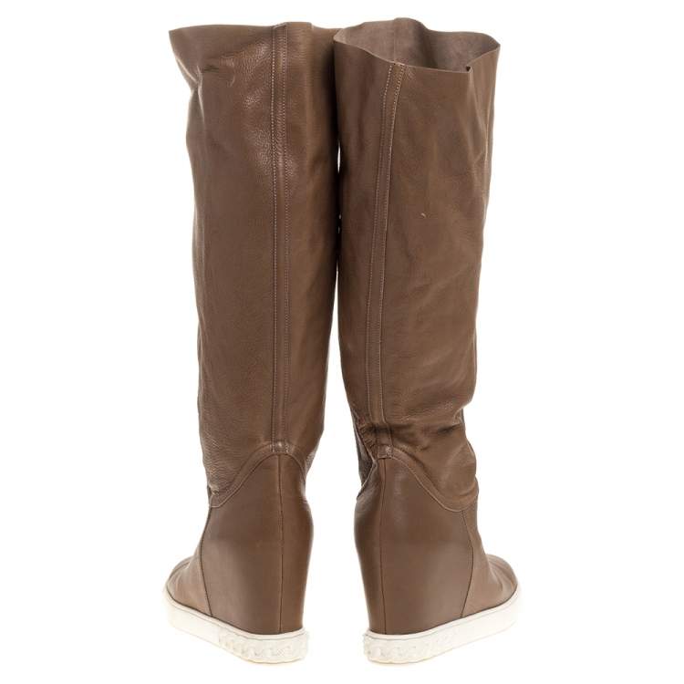 Pre Owned Casadei Brown Leather Chain Motif Knee Boots Size 39