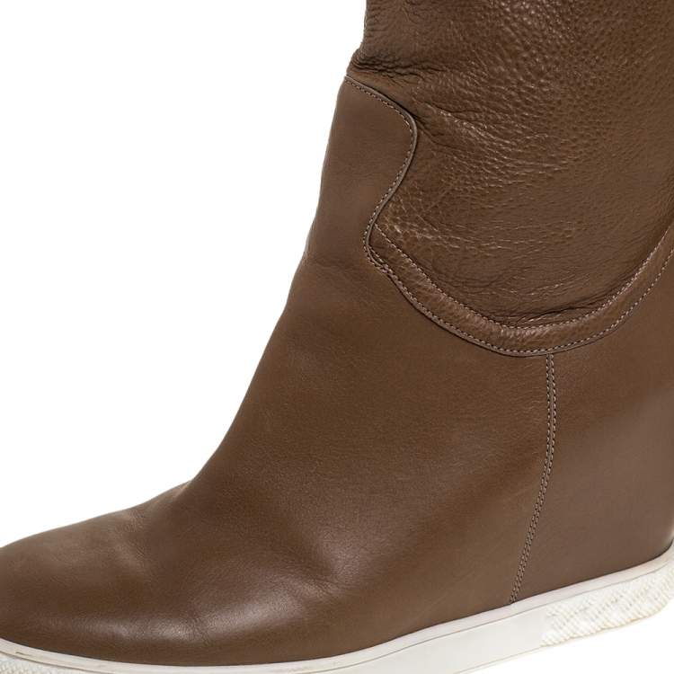 Pre Owned Casadei Brown Leather Chain Motif Knee Boots Size 39