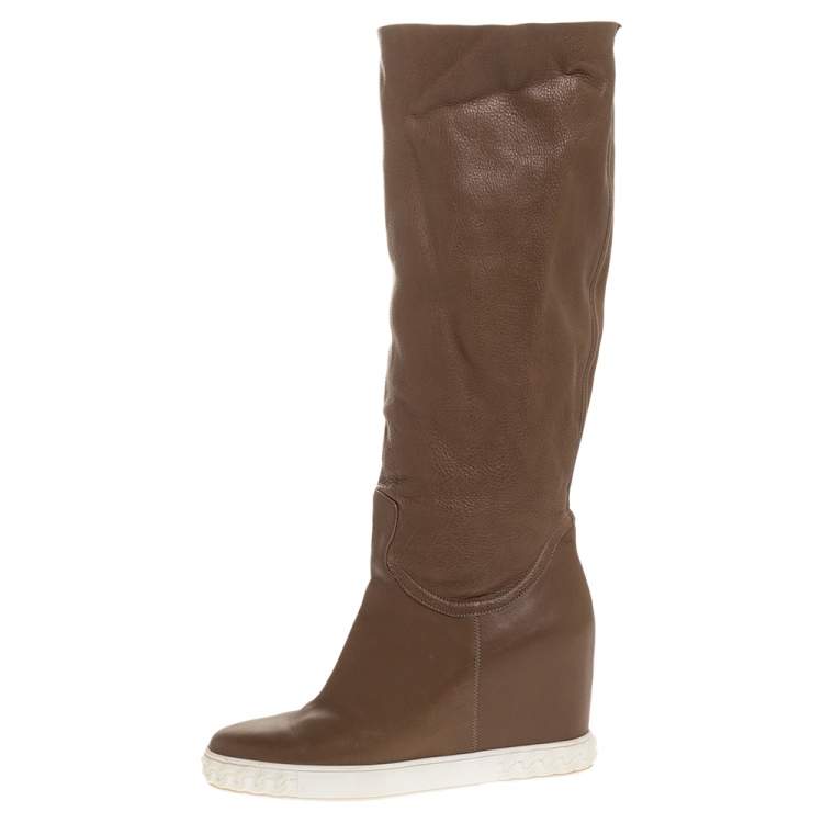 Pre Owned Casadei Brown Leather Chain Motif Knee Boots Size 39