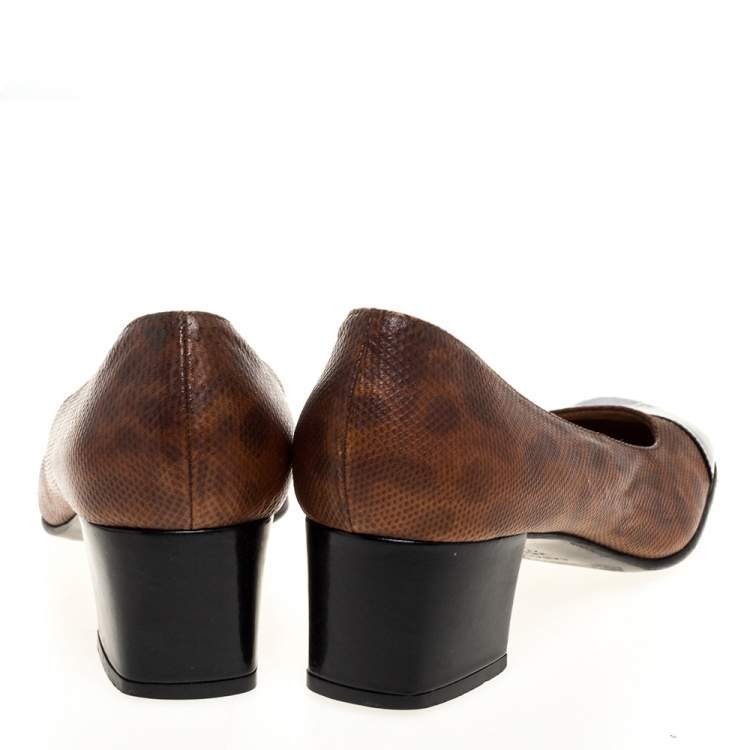 Pre Owned Casadei Brown Embossed Leather And Black Patent Cap Toe Pumps Size 38