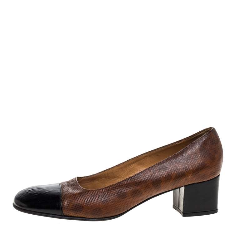 Pre Owned Casadei Brown Embossed Leather And Black Patent Cap Toe Pumps Size 38