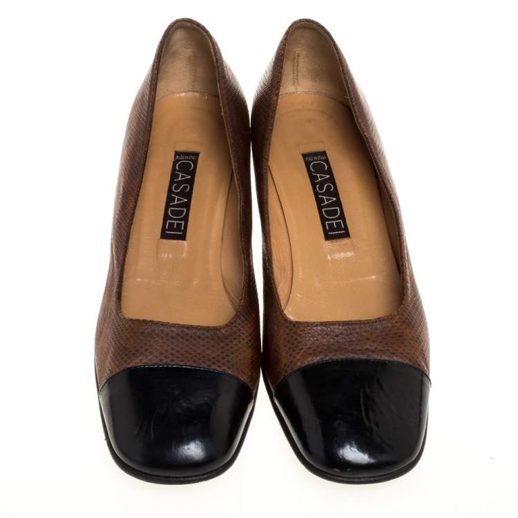 Pre Owned Casadei Brown Embossed Leather And Black Patent Cap Toe Pumps Size 38