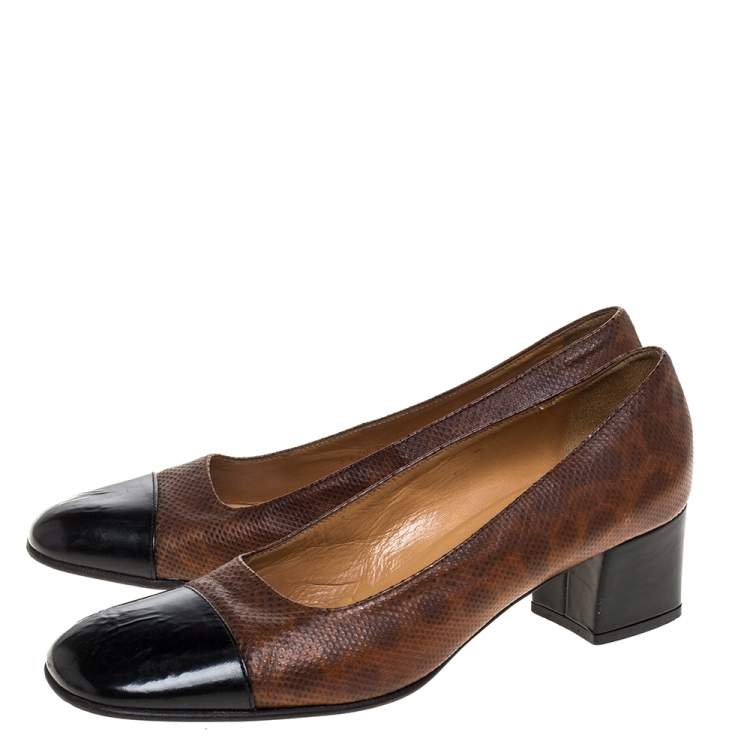 Pre Owned Casadei Brown Embossed Leather And Black Patent Cap Toe Pumps Size 38