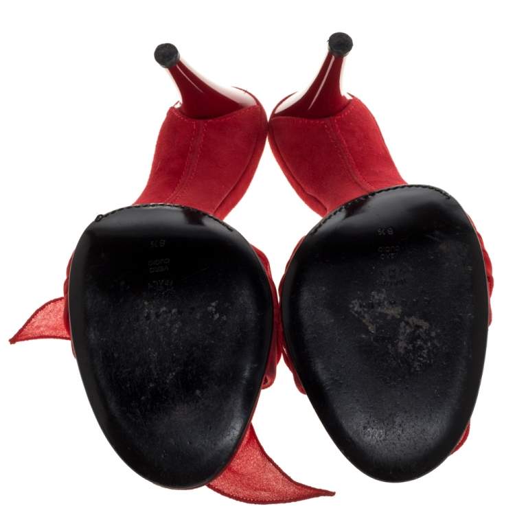 مملوكة مسبقًا Casadei Red Suede And Chiffon Fabric Knot Detail Slide Sandals Size 38.5