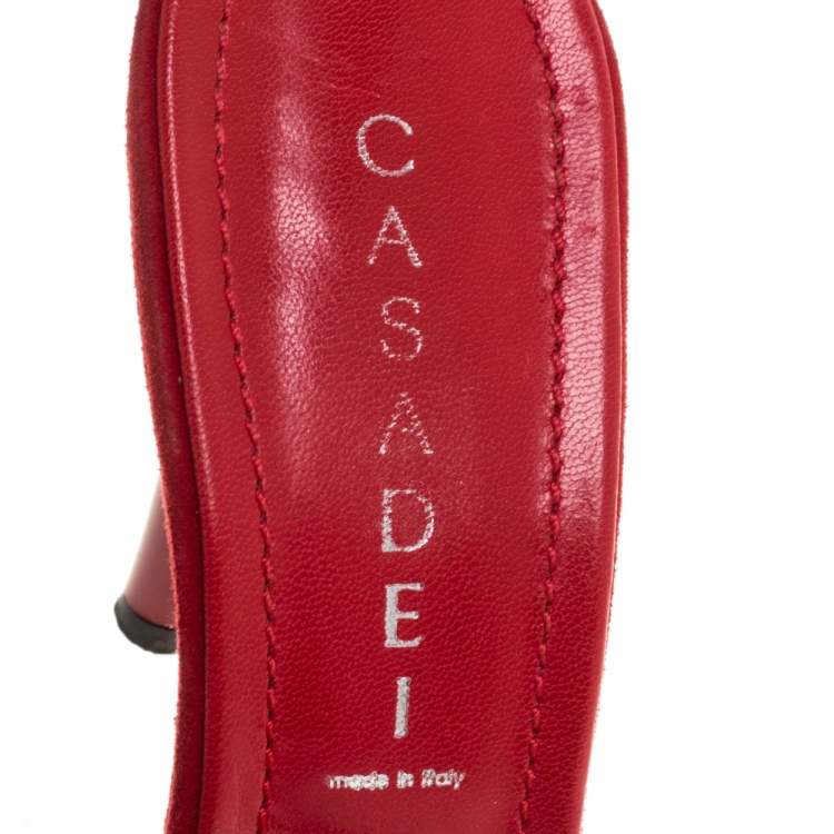 مملوكة مسبقًا Casadei Red Suede And Chiffon Fabric Knot Detail Slide Sandals Size 38.5