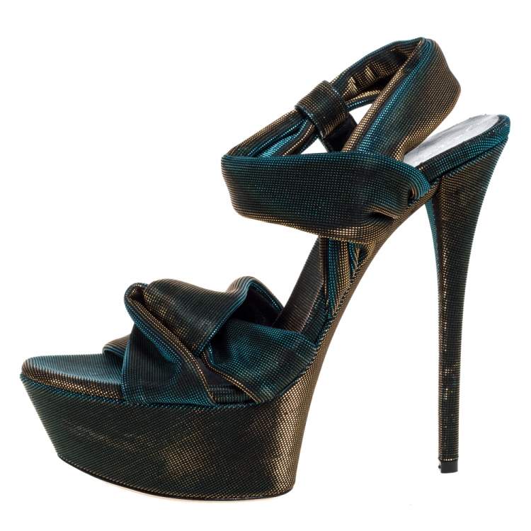 Pre Owned Casadei Multicolor Lamé Fabric Platform Ankle Strap Sandals Size 38