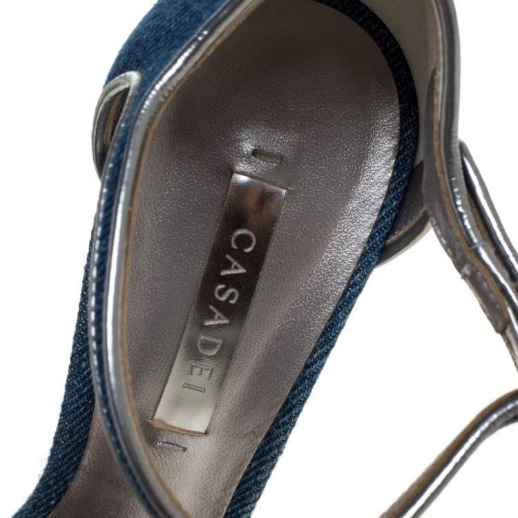 Pre Owned Casadei Blue Denim Peep Toe Ankle Strap Platform Blade Heel Sandals Size 37
