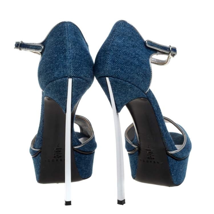 Pre Owned Casadei Blue Denim Peep Toe Ankle Strap Platform Blade Heel Sandals Size 37