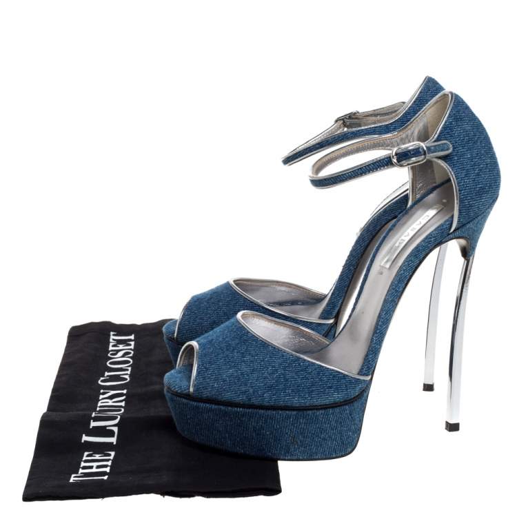Pre Owned Casadei Blue Denim Peep Toe Ankle Strap Platform Blade Heel Sandals Size 37