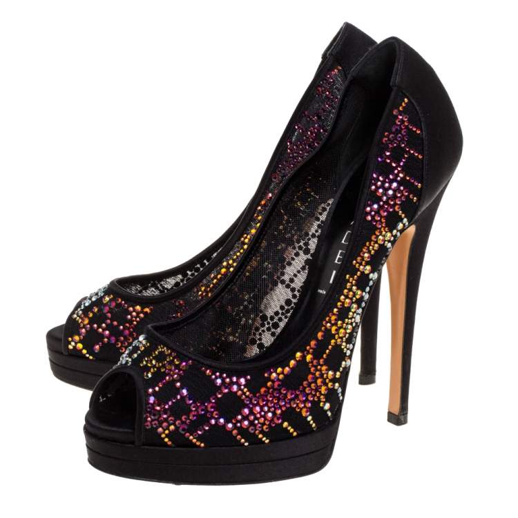 Pre Owned Casadei Black Crystal Embellished Mesh And Satin Peep Toe Platform Pumps Size 36