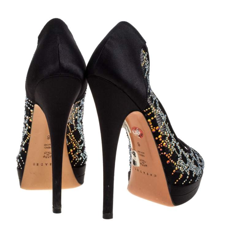Pre Owned Casadei Black Crystal Embellished Mesh And Satin Peep Toe Platform Pumps Size 36