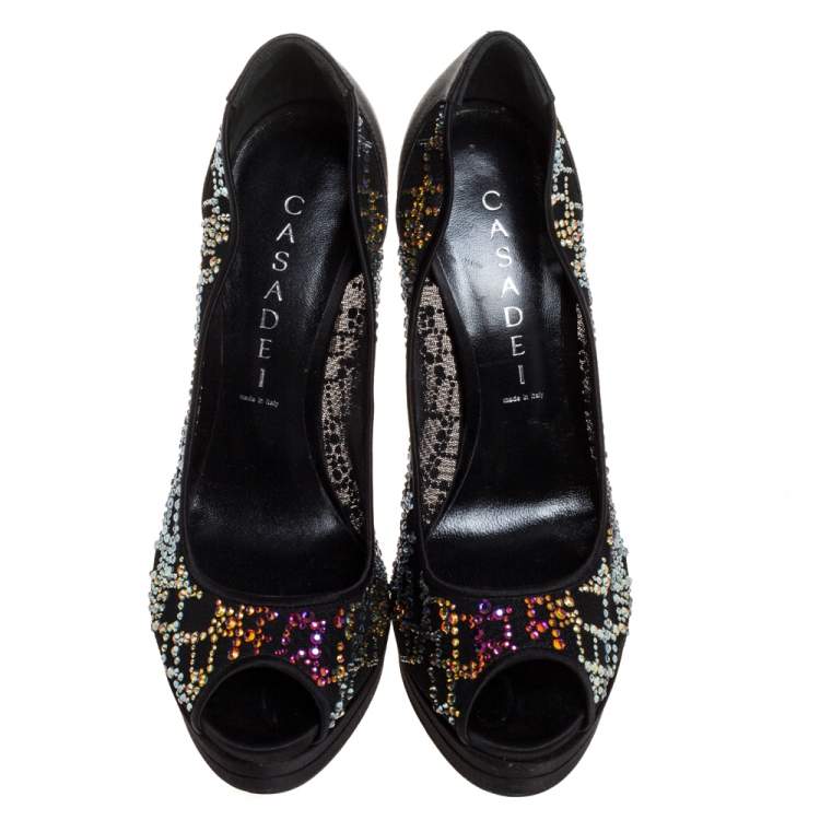Pre Owned Casadei Black Crystal Embellished Mesh And Satin Peep Toe Platform Pumps Size 36