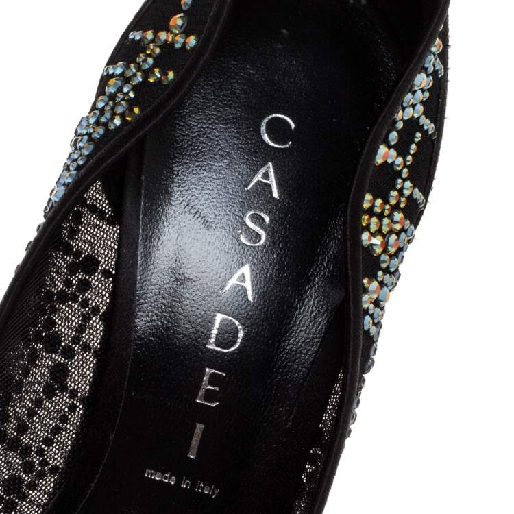 Pre Owned Casadei Black Crystal Embellished Mesh And Satin Peep Toe Platform Pumps Size 36