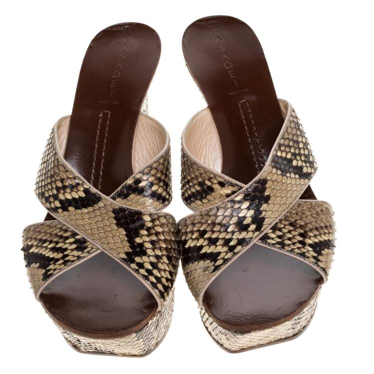 Pre Owned Casadei Brown Python Criss Cross Wedge Platform Sandals Size 39