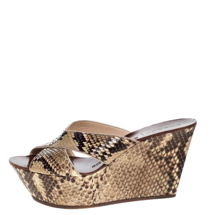Pre Owned Casadei Brown Python Criss Cross Wedge Platform Sandals Size 39