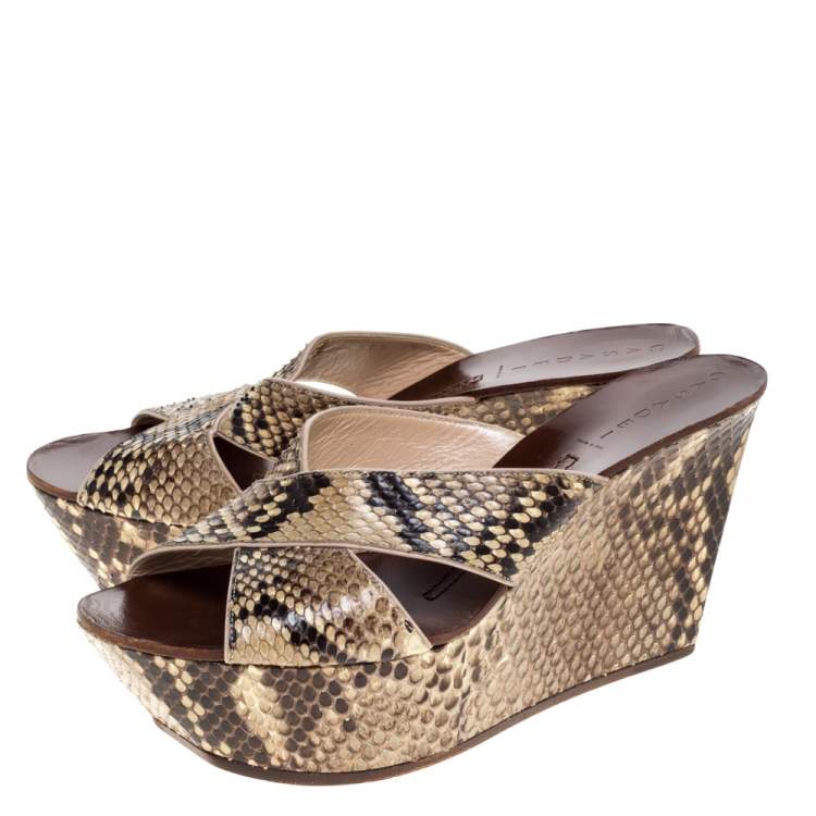 Pre Owned Casadei Brown Python Criss Cross Wedge Platform Sandals Size 39
