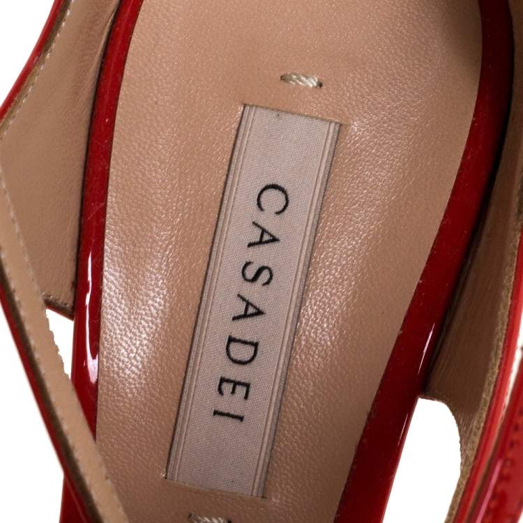 Pre Owned Casadei Dark Orange Patent Leather Tiffany Ankle Strap Sandals Size 35