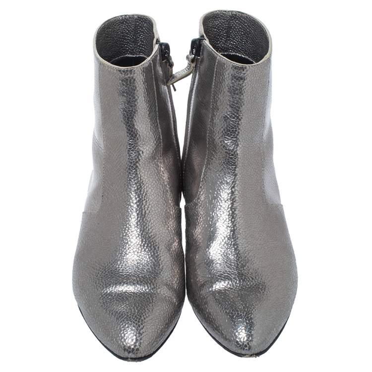 Pre Owned Casadei Metallic Grey Textured Leather Ankle Boots Size 35