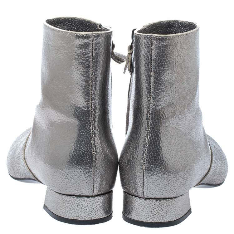 Pre Owned Casadei Metallic Grey Textured Leather Ankle Boots Size 35