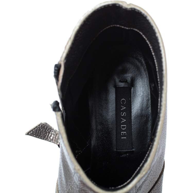 Pre Owned Casadei Metallic Grey Textured Leather Ankle Boots Size 35