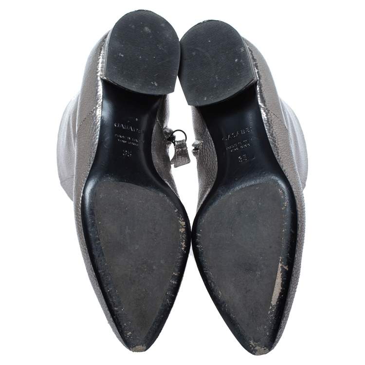 Pre Owned Casadei Metallic Grey Textured Leather Ankle Boots Size 35