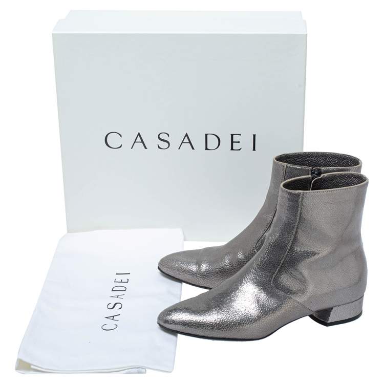 Pre Owned Casadei Metallic Grey Textured Leather Ankle Boots Size 35