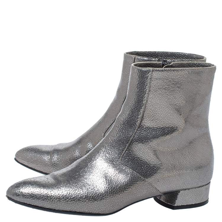 Pre Owned Casadei Metallic Grey Textured Leather Ankle Boots Size 35
